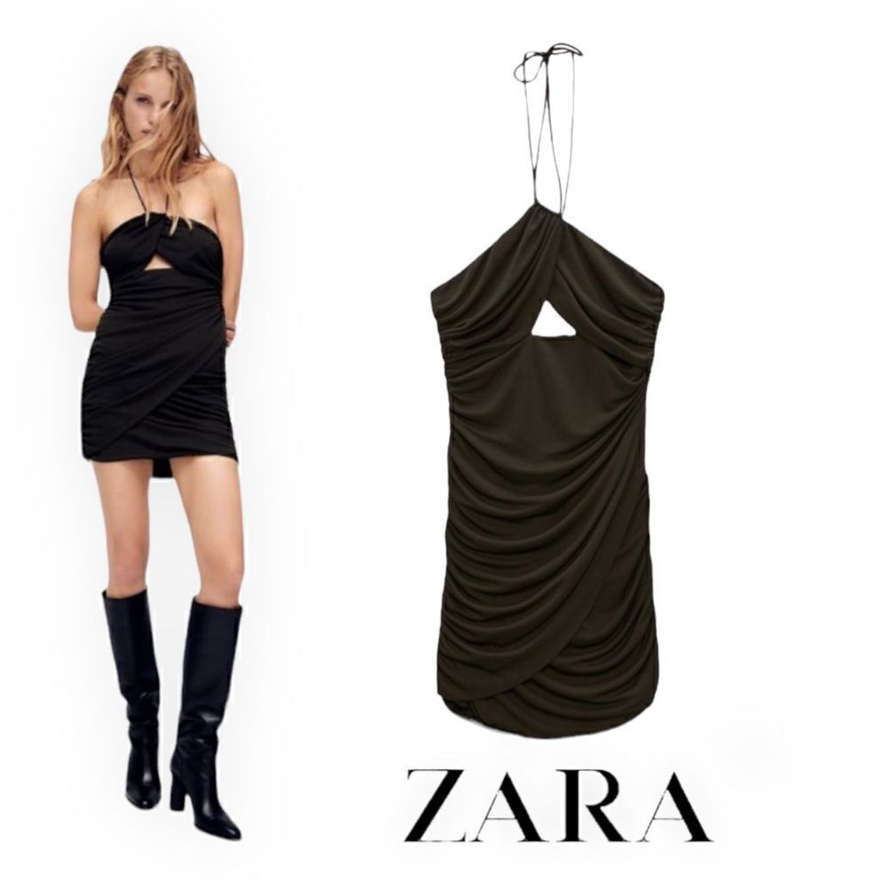 ZARA Dark Khaki Ruched Cut Out Halter Mini Dress S M NWT